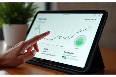 Digital dashboard showing fitness progress tracking with graphs and personalized recommendations, on a tablet screen.